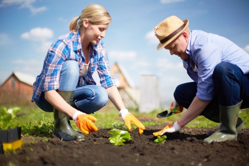 Gardener wearing safety gear and receiving on-site training on equipment use